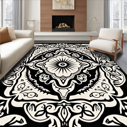 Black Cream Floral Medallion Emblem Rug