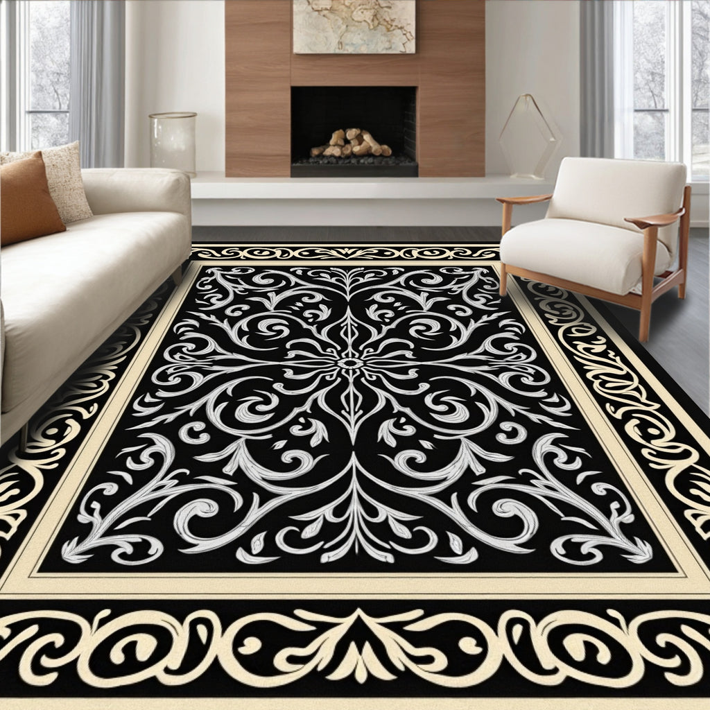 Vintage Black and Cream Floral Scroll Rug