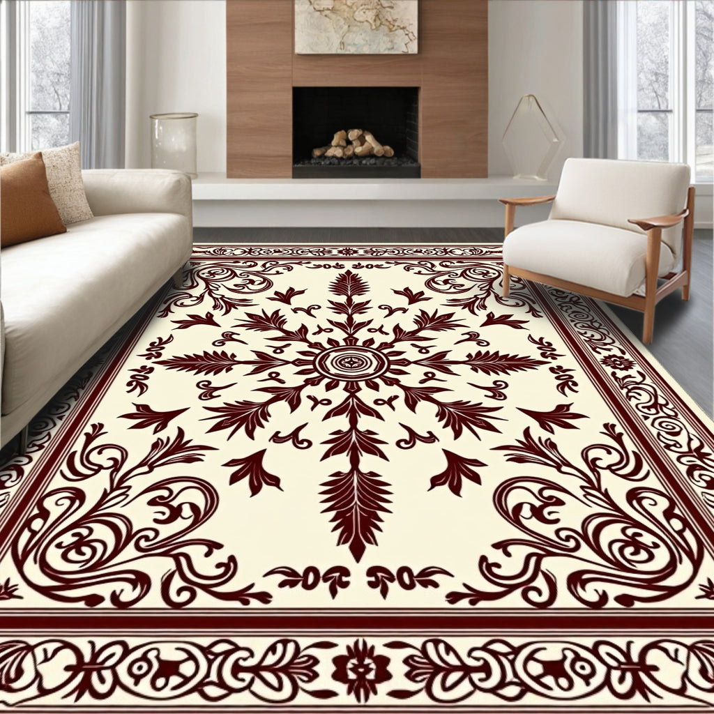 Deep Burgundy Floral Medallion Border Rug