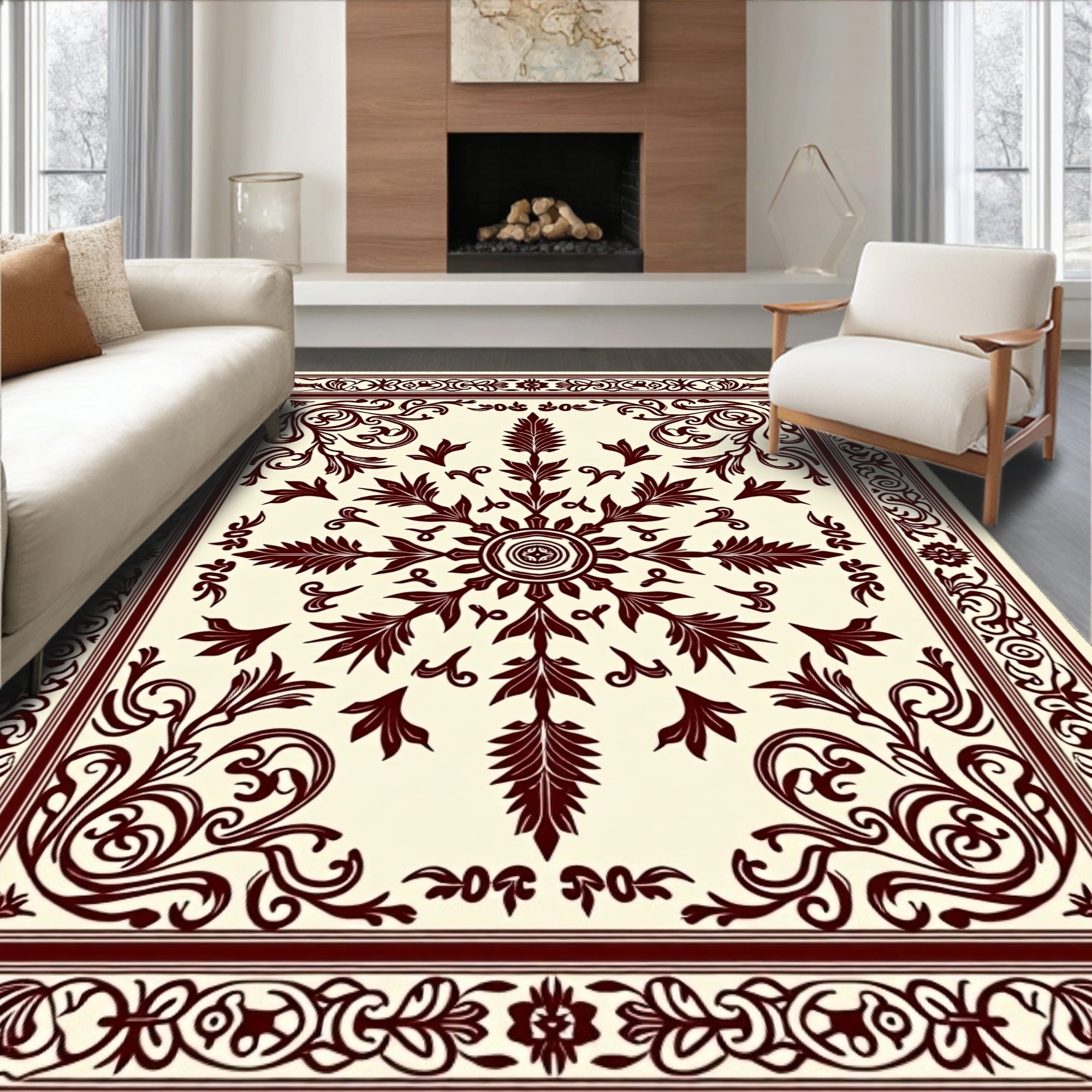 Deep Burgundy Floral Medallion Border Rug