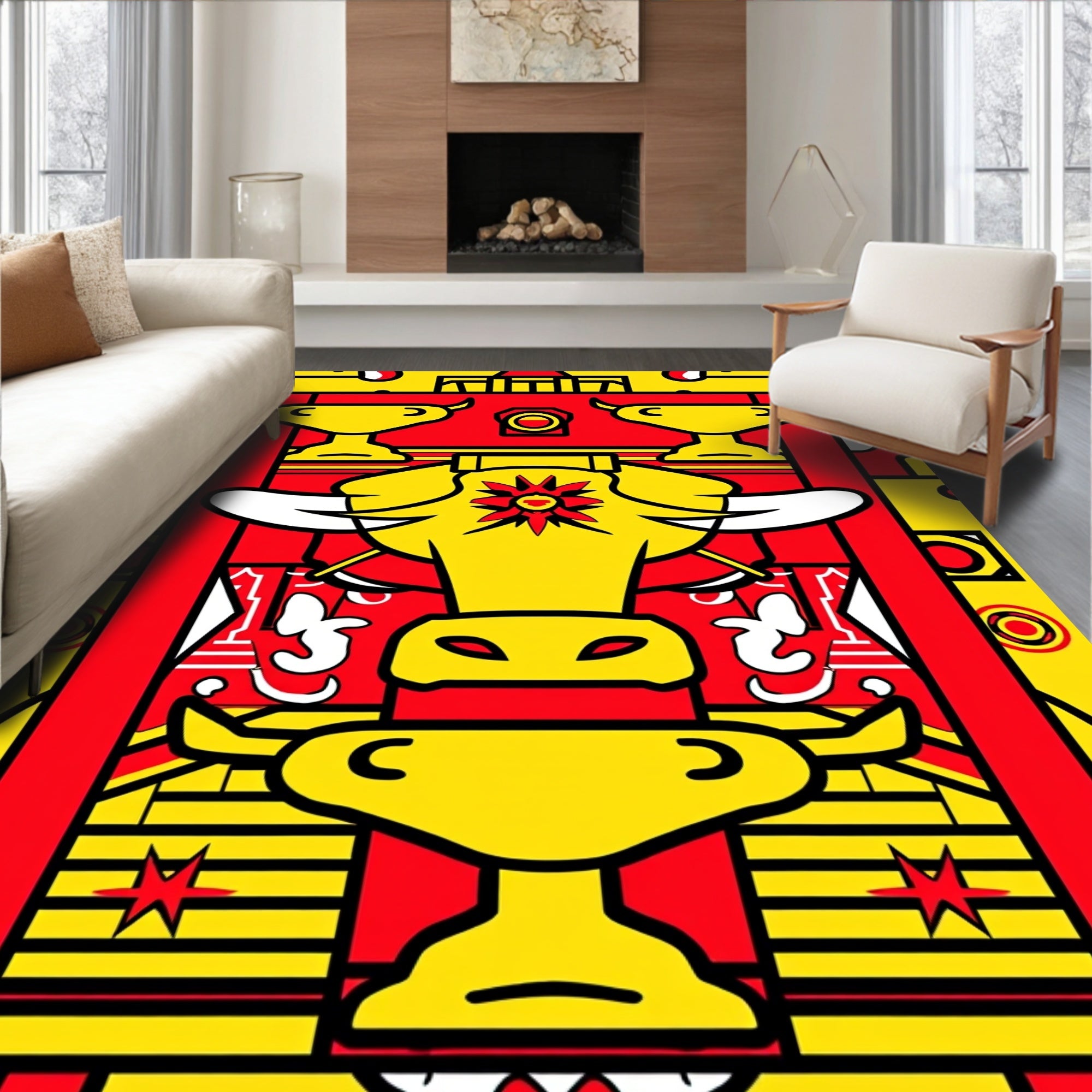 Yellow Bull Red Frame Graphic Rug