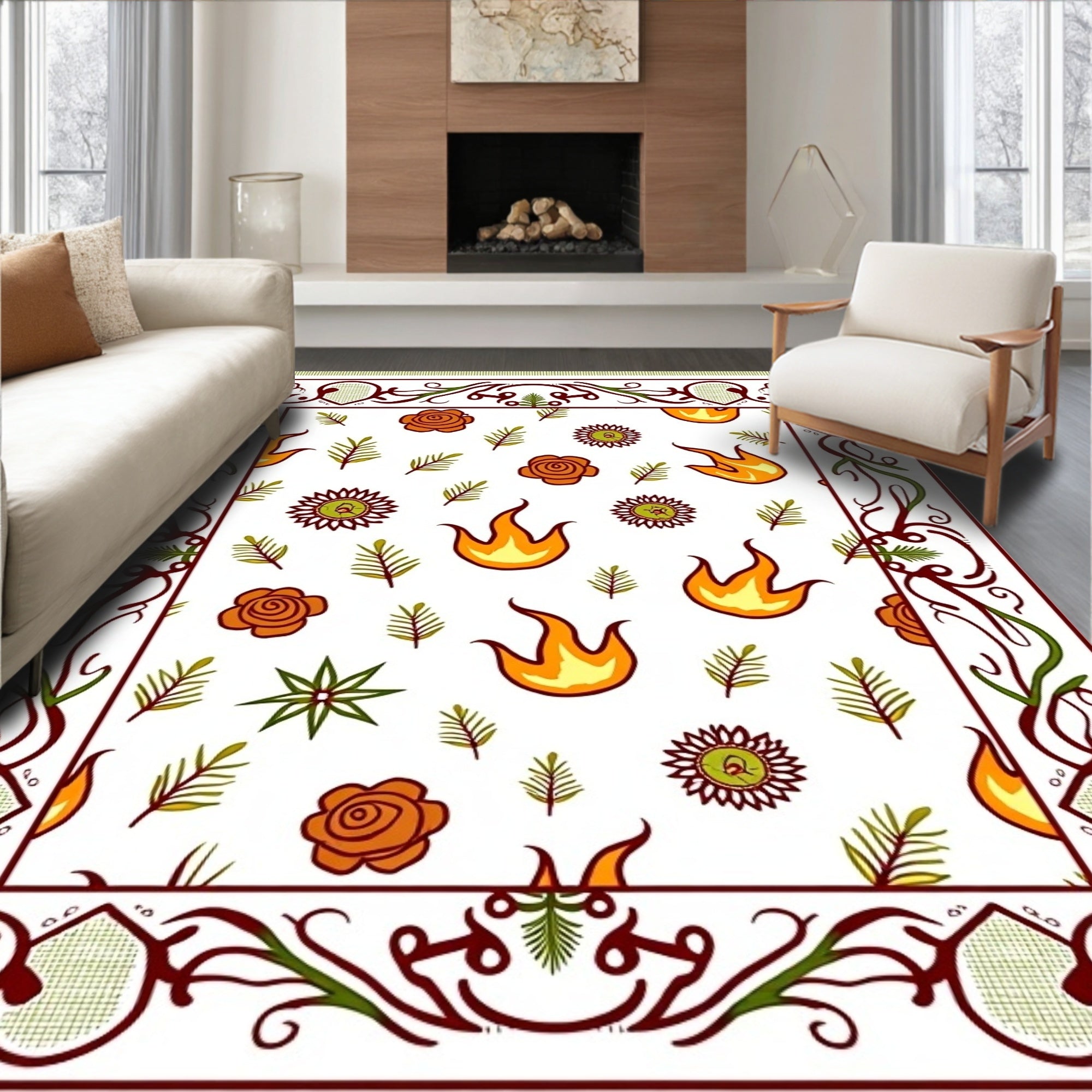Whimsical Fire Floral Fern Border Rug