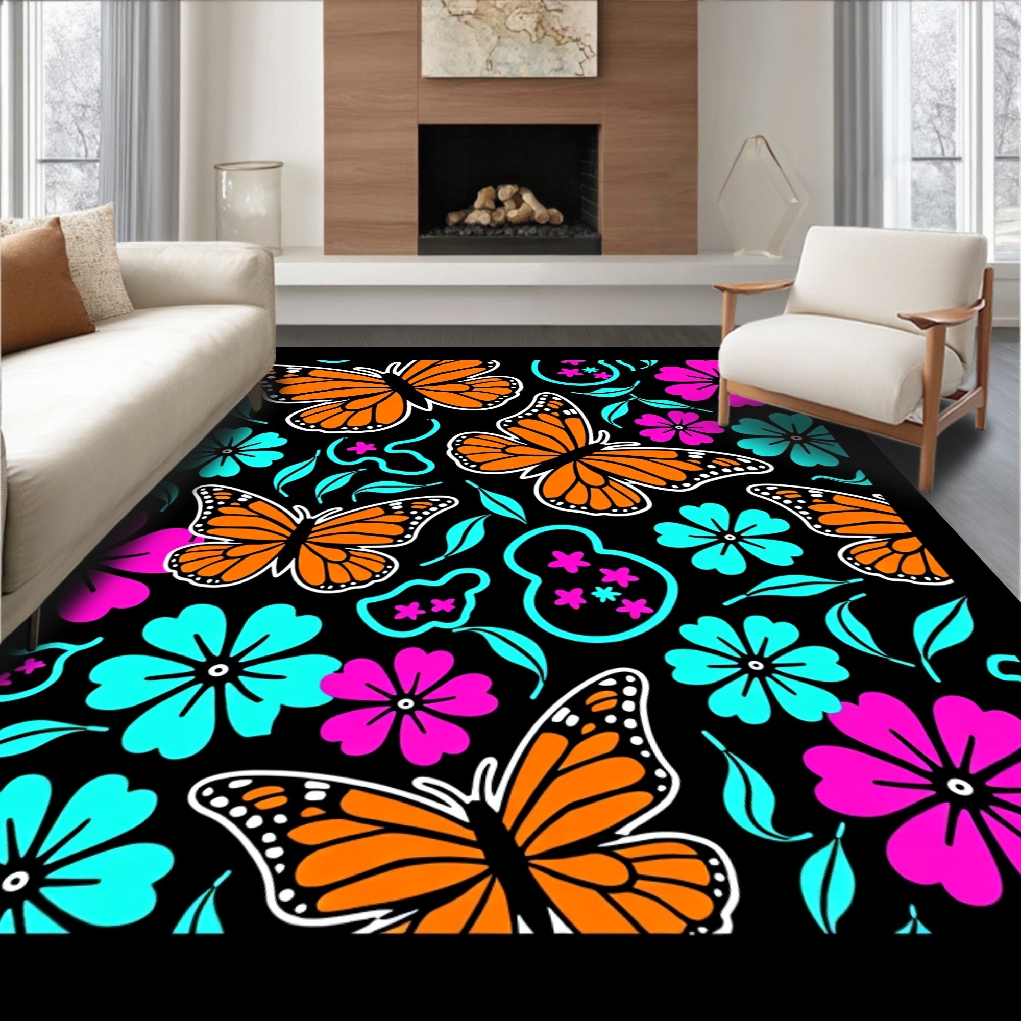 Whimsical Orange Butterfly Garden Rug