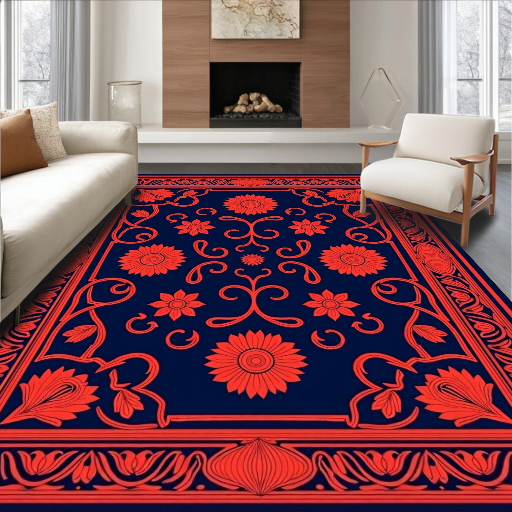 Coral Floral Scroll Navy Romance Rug