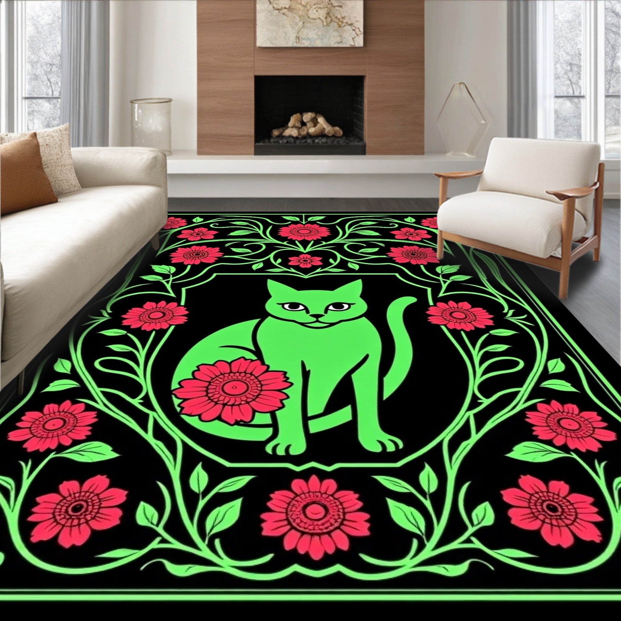 Vivid Green Cat Floral Medallion Rug