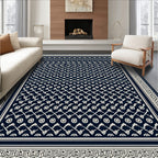 Navy Cream Traditional Geometric Border Rug