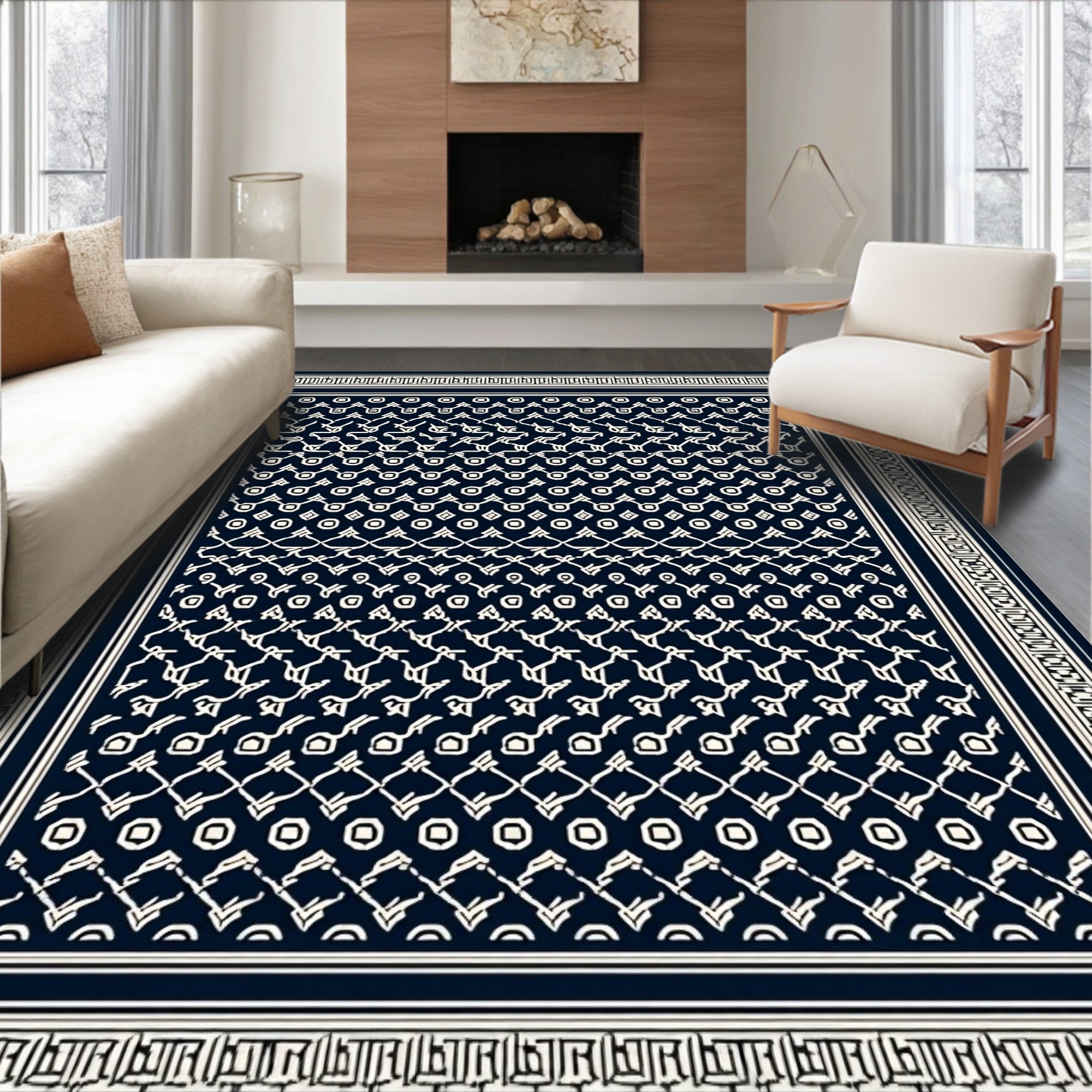 Navy Cream Traditional Geometric Border Rug