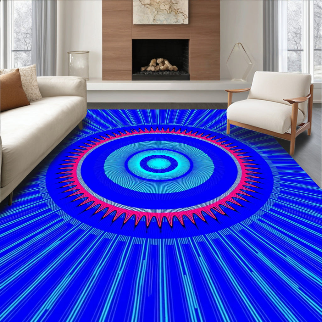 Vibrant Blue Radial Concentric Circles Rug