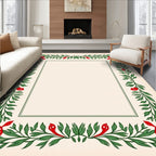Whimsical Red Mushroom Green Leaf Border Rug