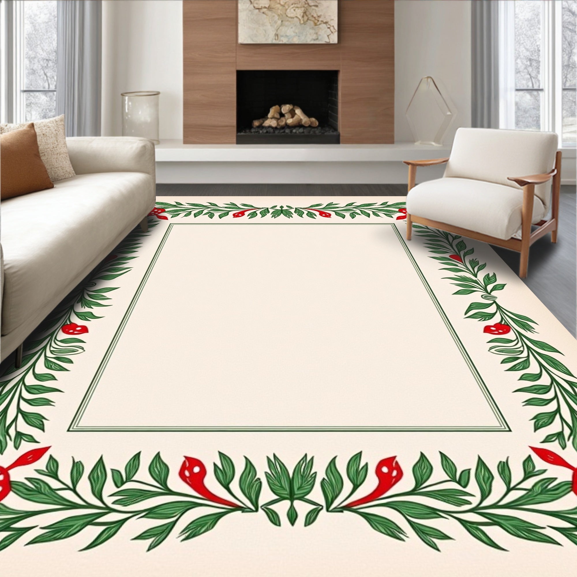 Whimsical Red Mushroom Green Leaf Border Rug