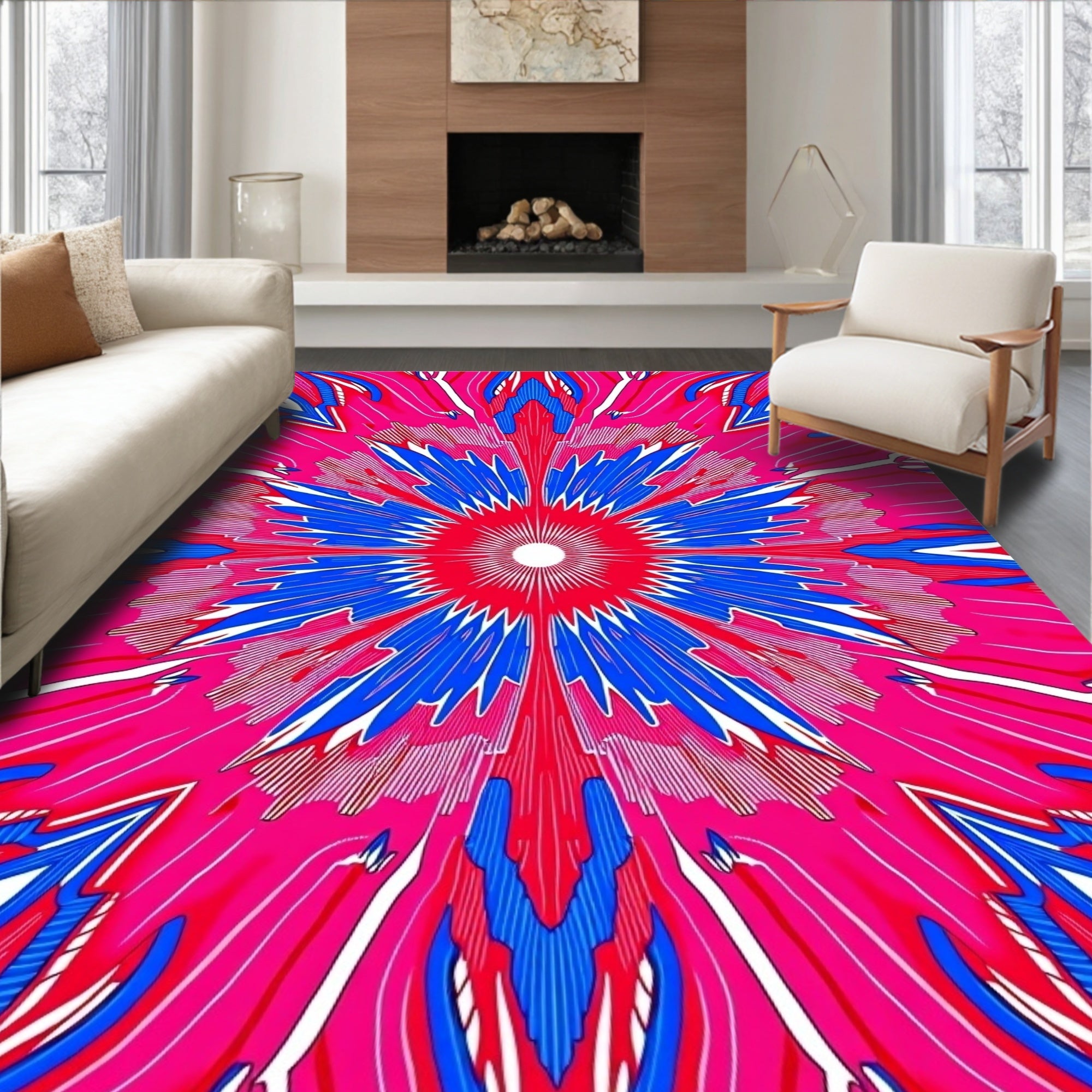 Vibrant Pink Blue Sunburst Radial Rug