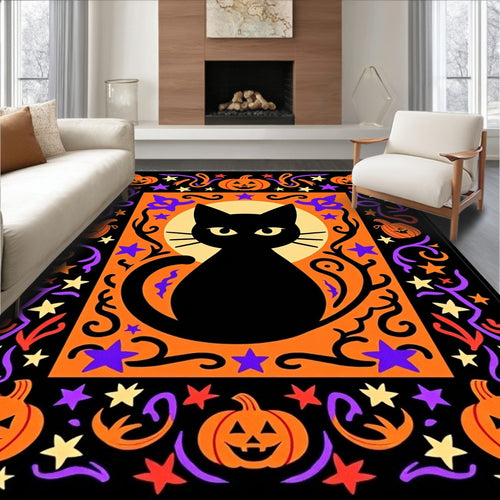 Black Cat Halloween Pumpkin Stars Rug