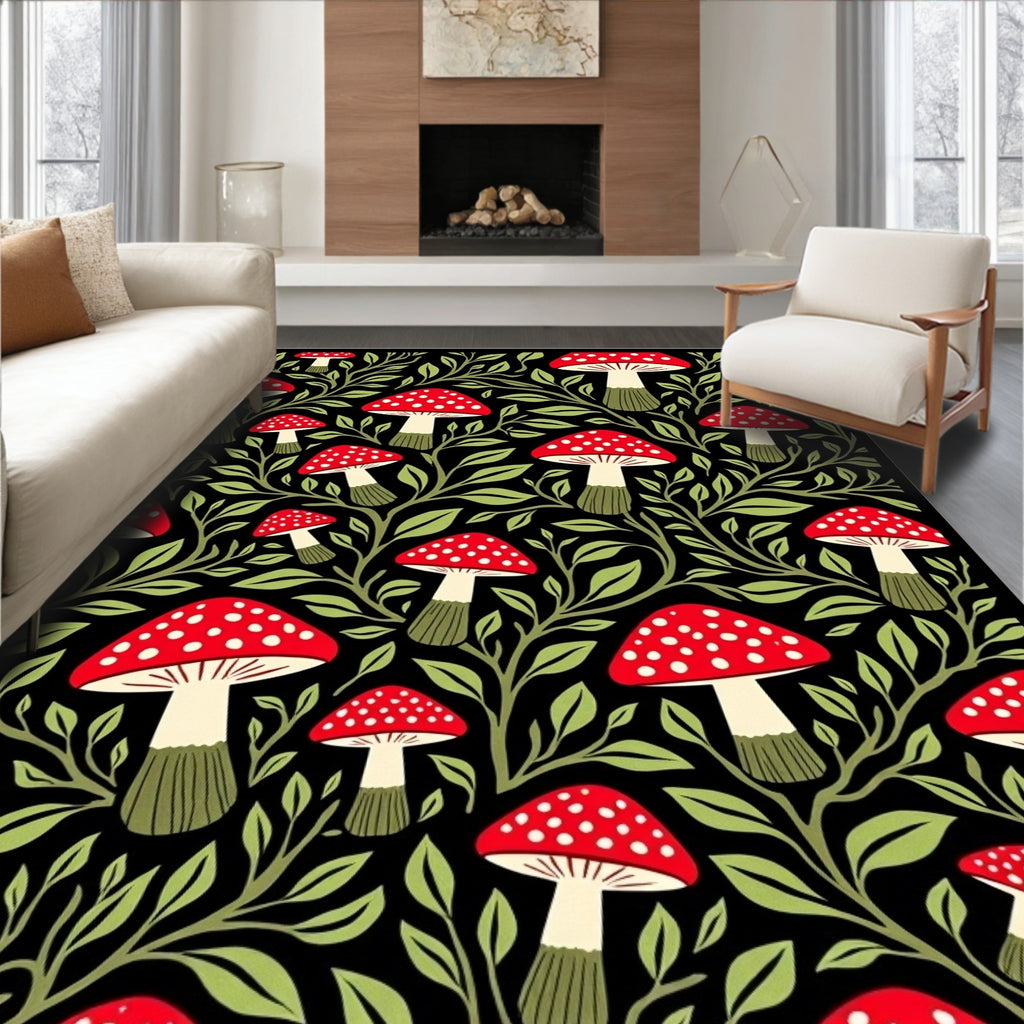 Whimsical Red Mushroom Foliage Black Rug