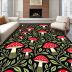 Whimsical Red Mushroom Foliage Black Rug