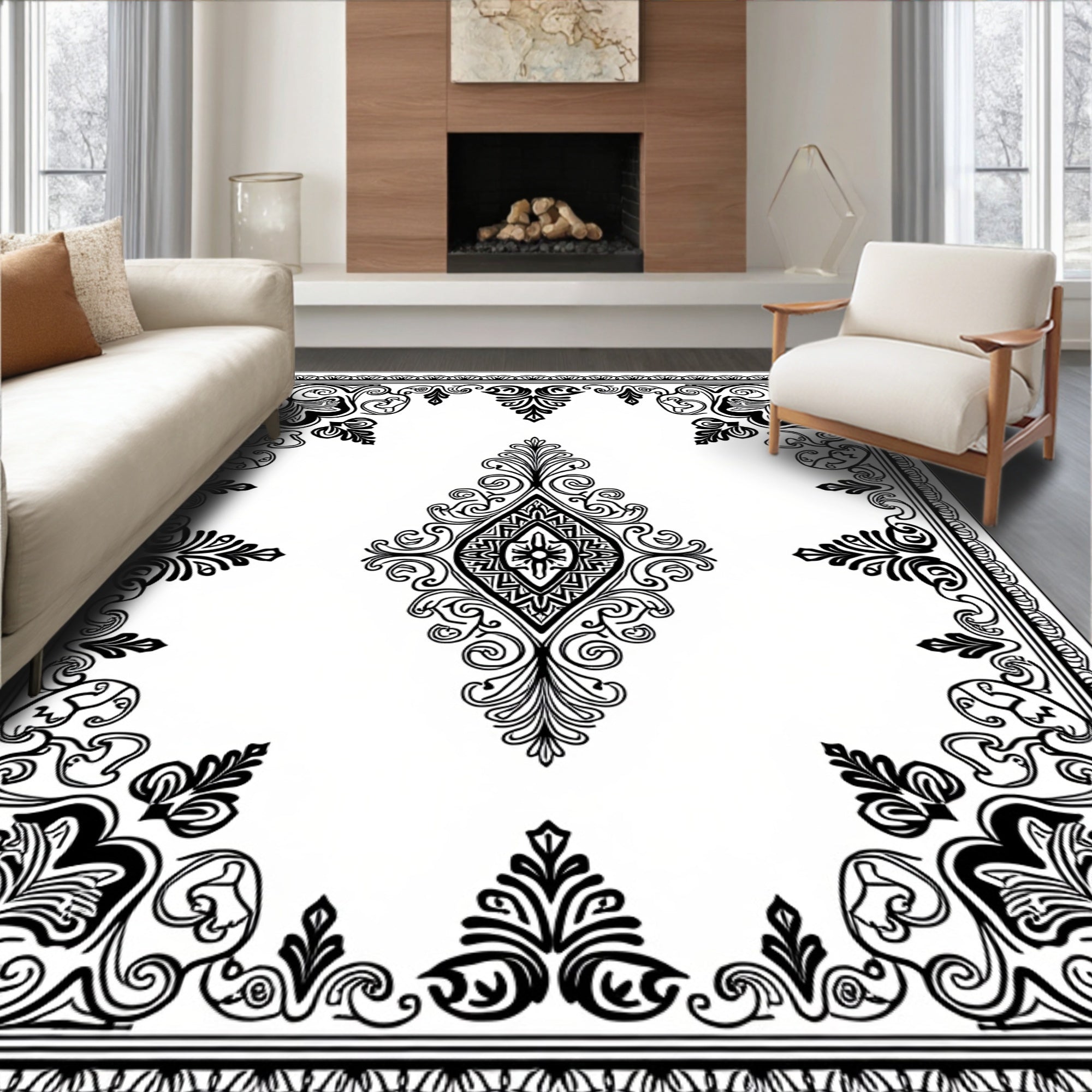 Black White Classic Filigree Diamond Rug