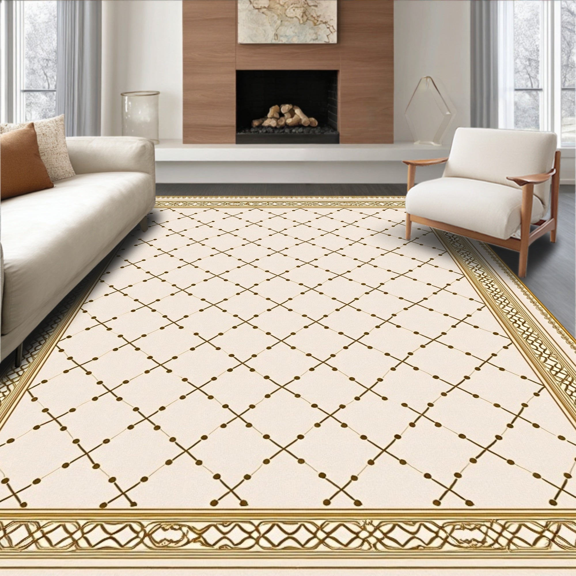 Cream Geometric Diamond Border Rug