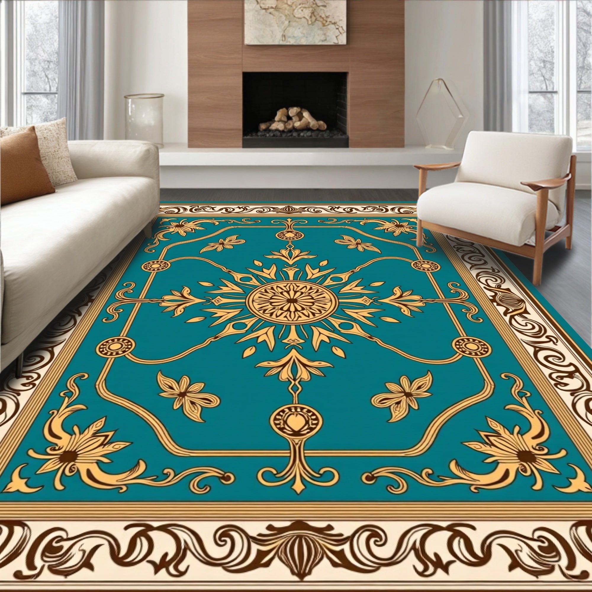 Teal and Gold Floral Sunburst Medallion Rug