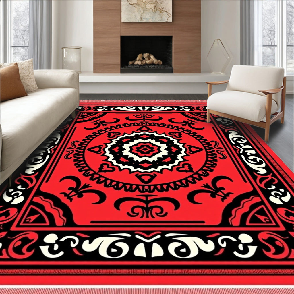 Vibrant Red Black Medallion Border Rug