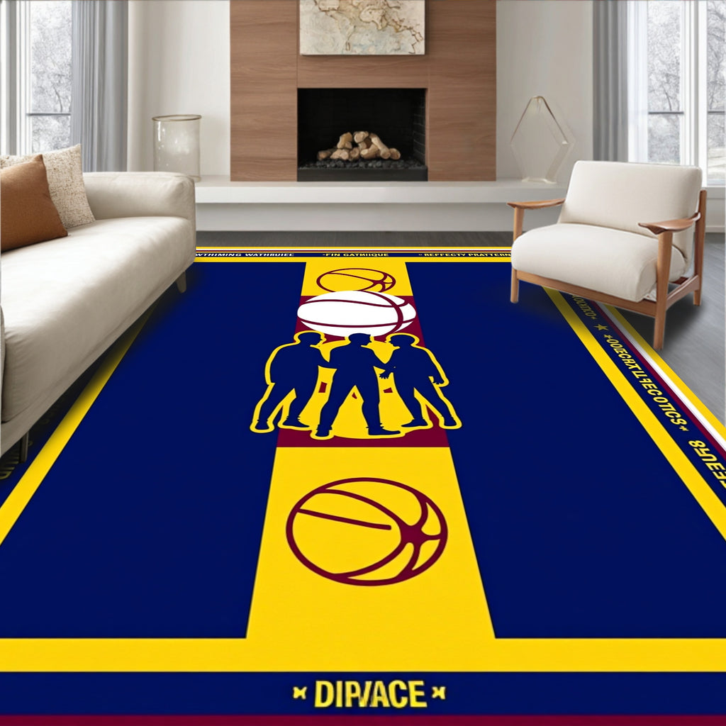 Navy Blue Yellow Basketball Figures Rug