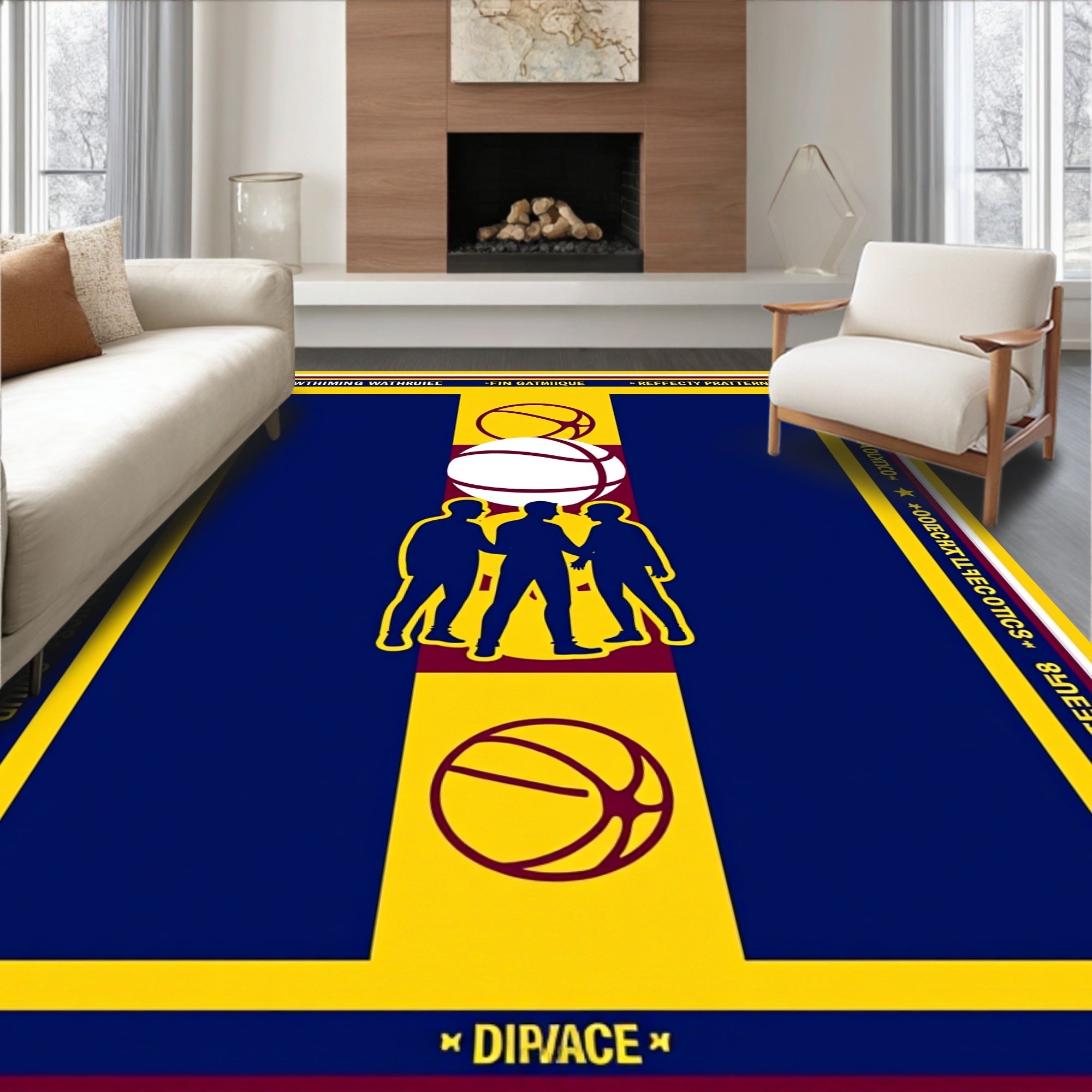 Navy Blue Yellow Basketball Figures Rug