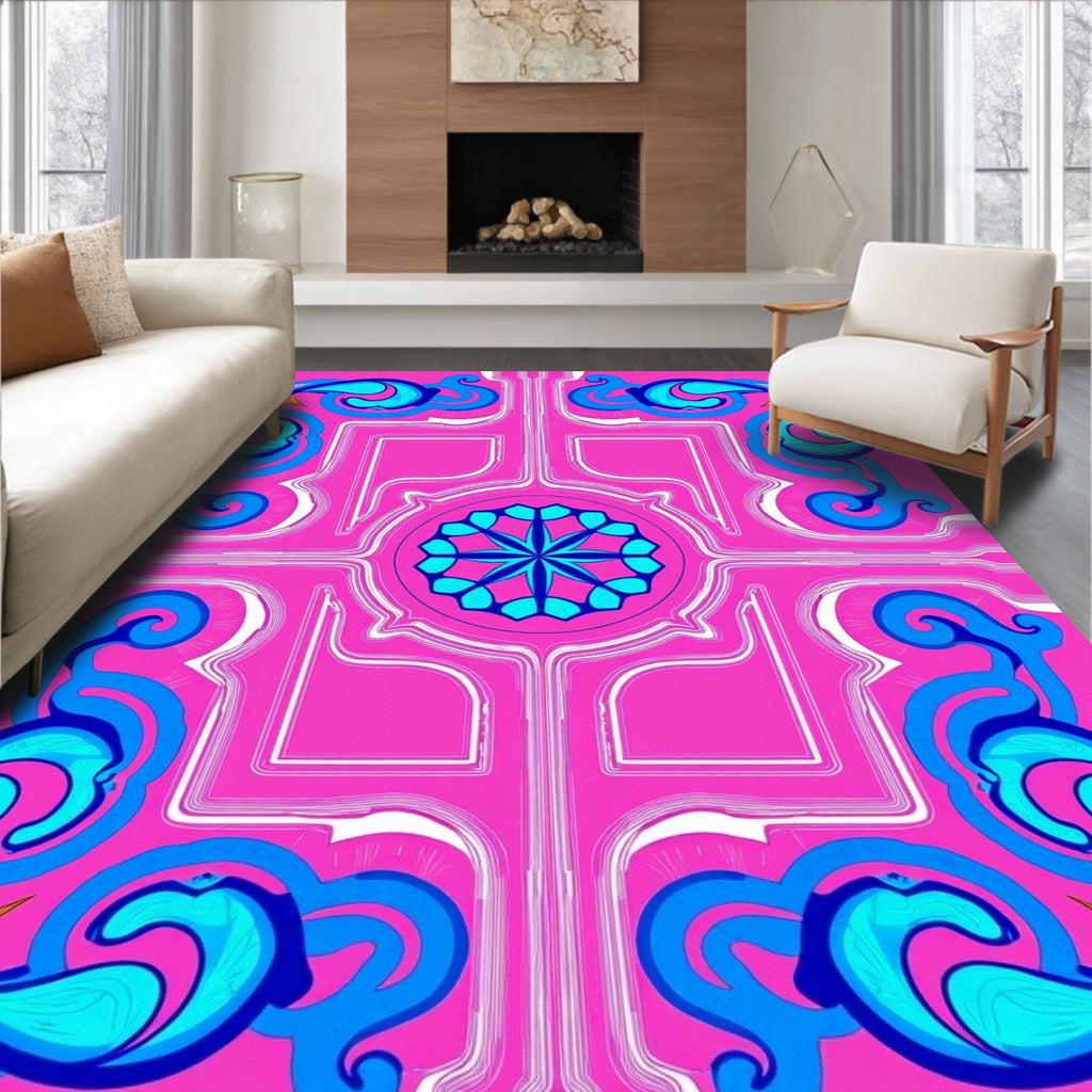 Vibrant Pink Blue Floral Rococo Rug