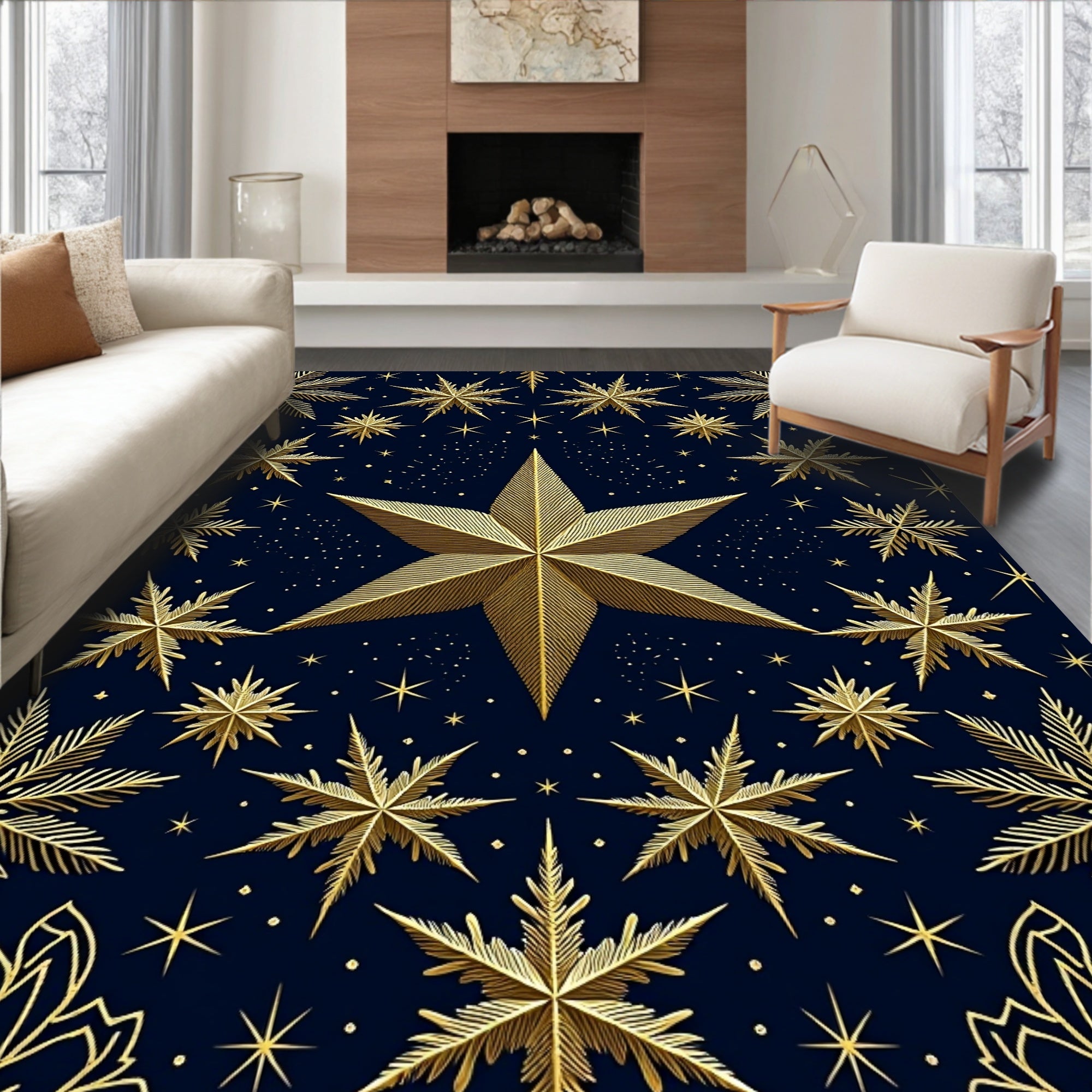 Golden Starflake Celestial Night Rug