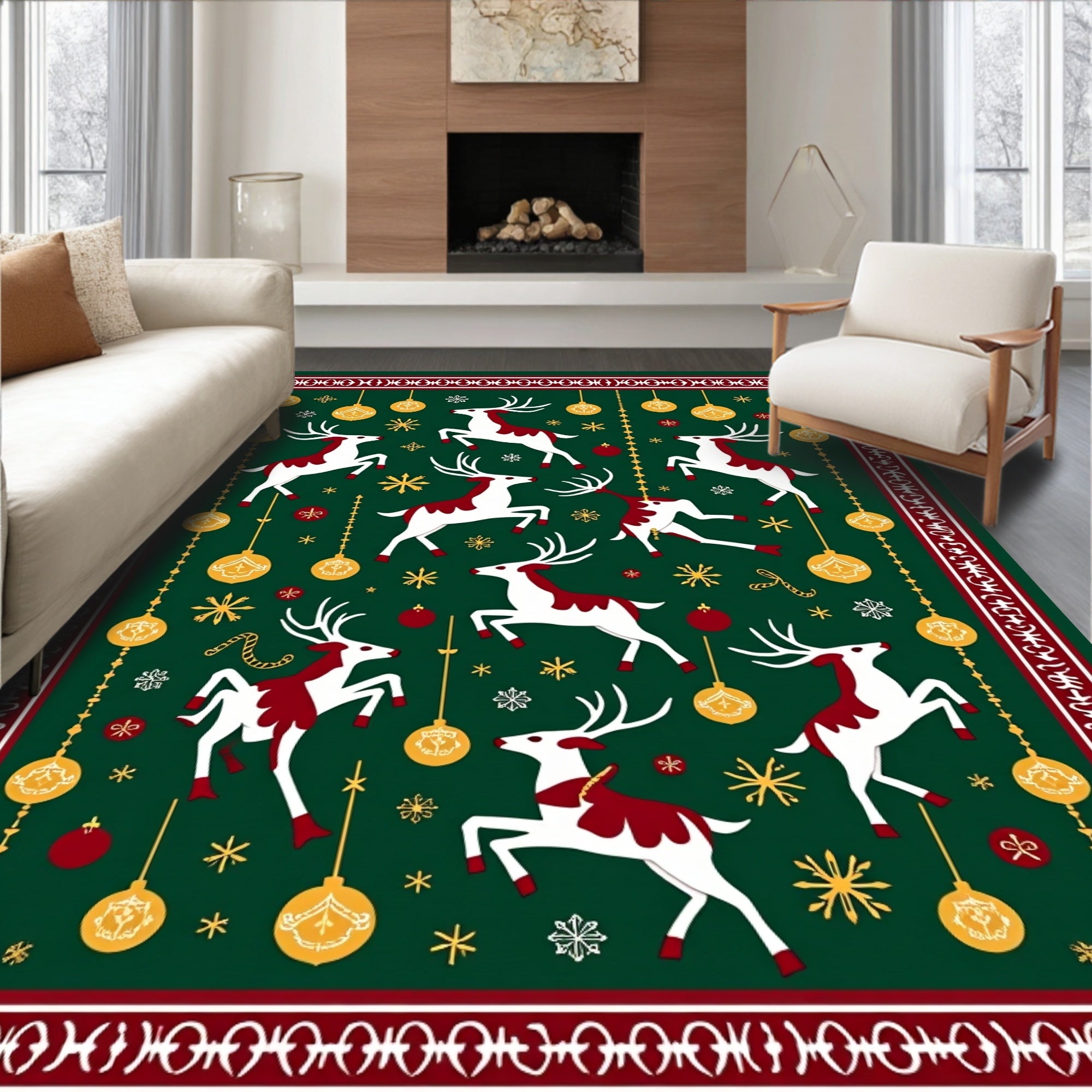 Festive Reindeer Ornaments Border Rug