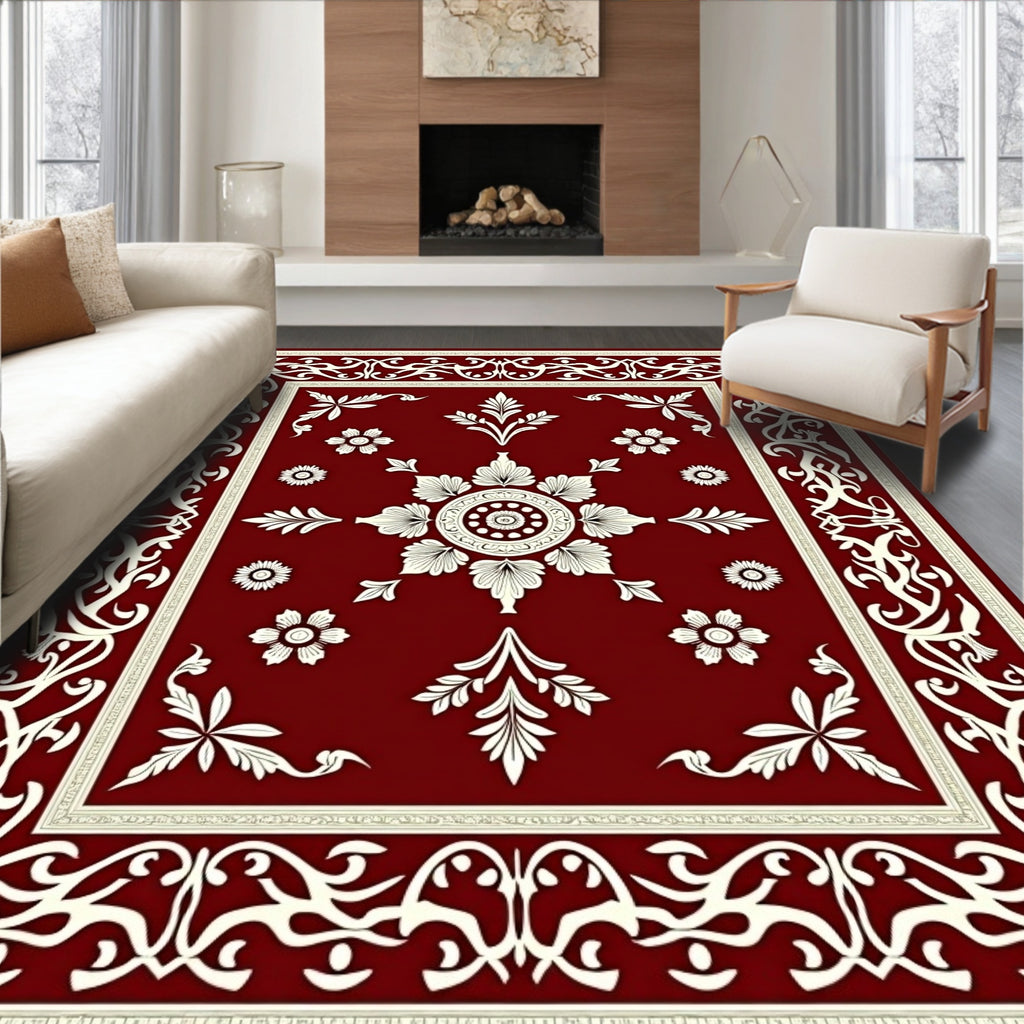 Classic Crimson Floral Garden Rug