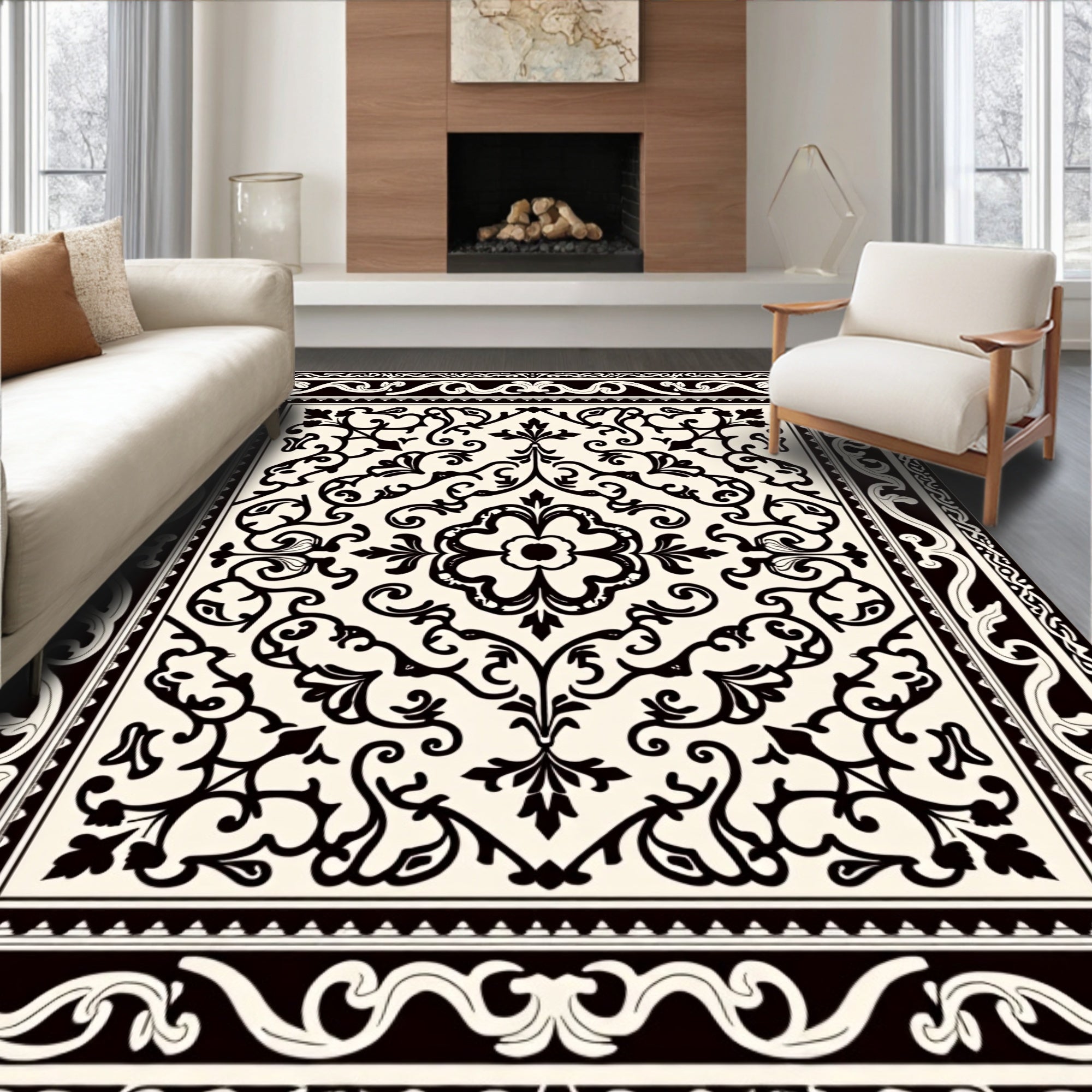 Classic Ivory Black Floral Medallion Rug