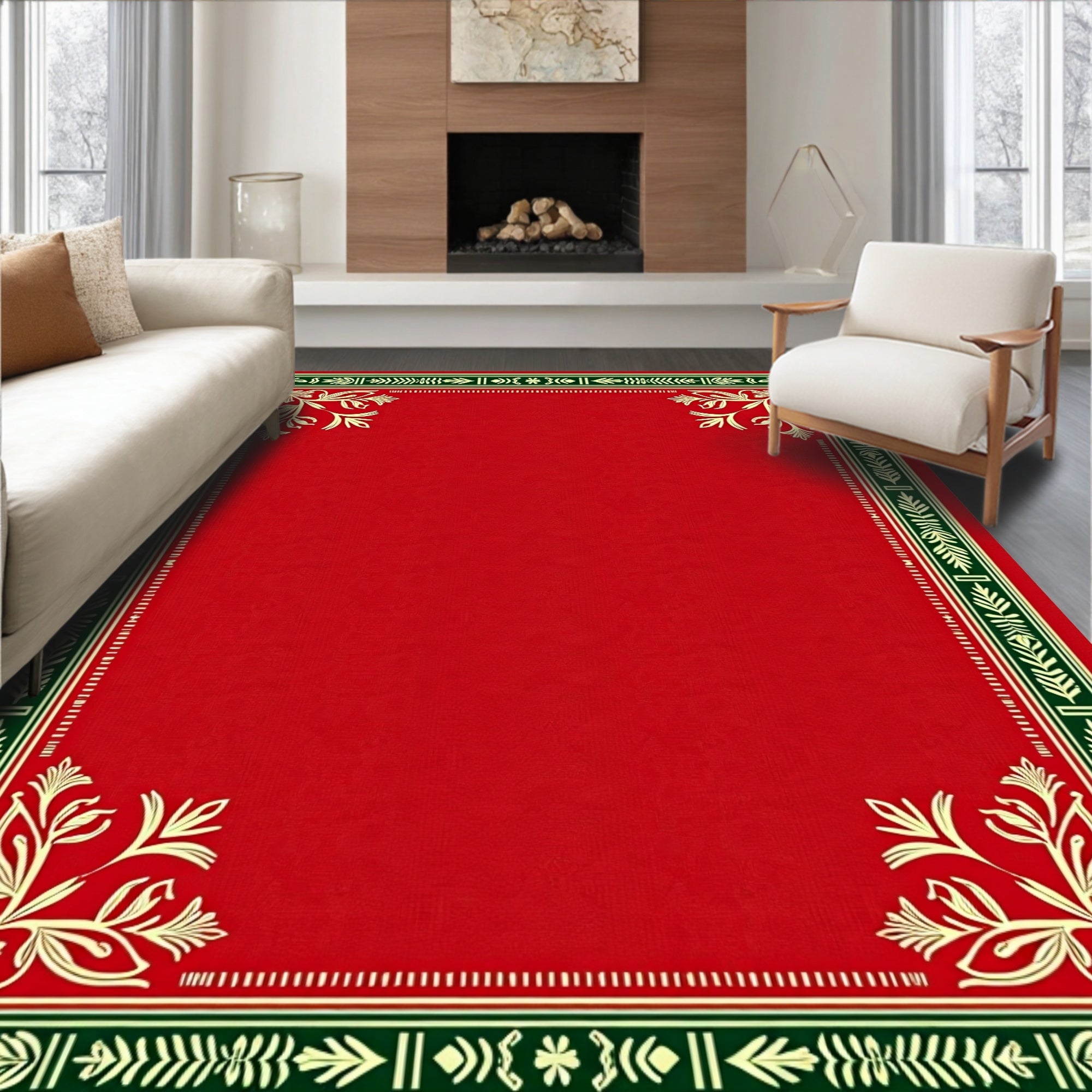 Crimson Emerald Floral Border Rug