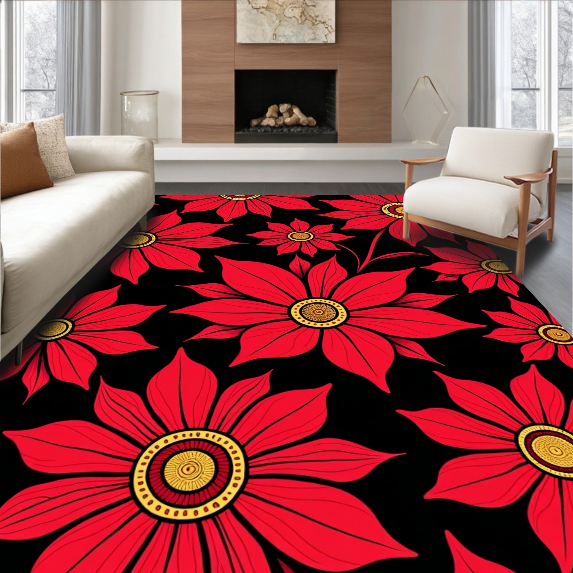 Vibrant Red Floral Black Background Rug