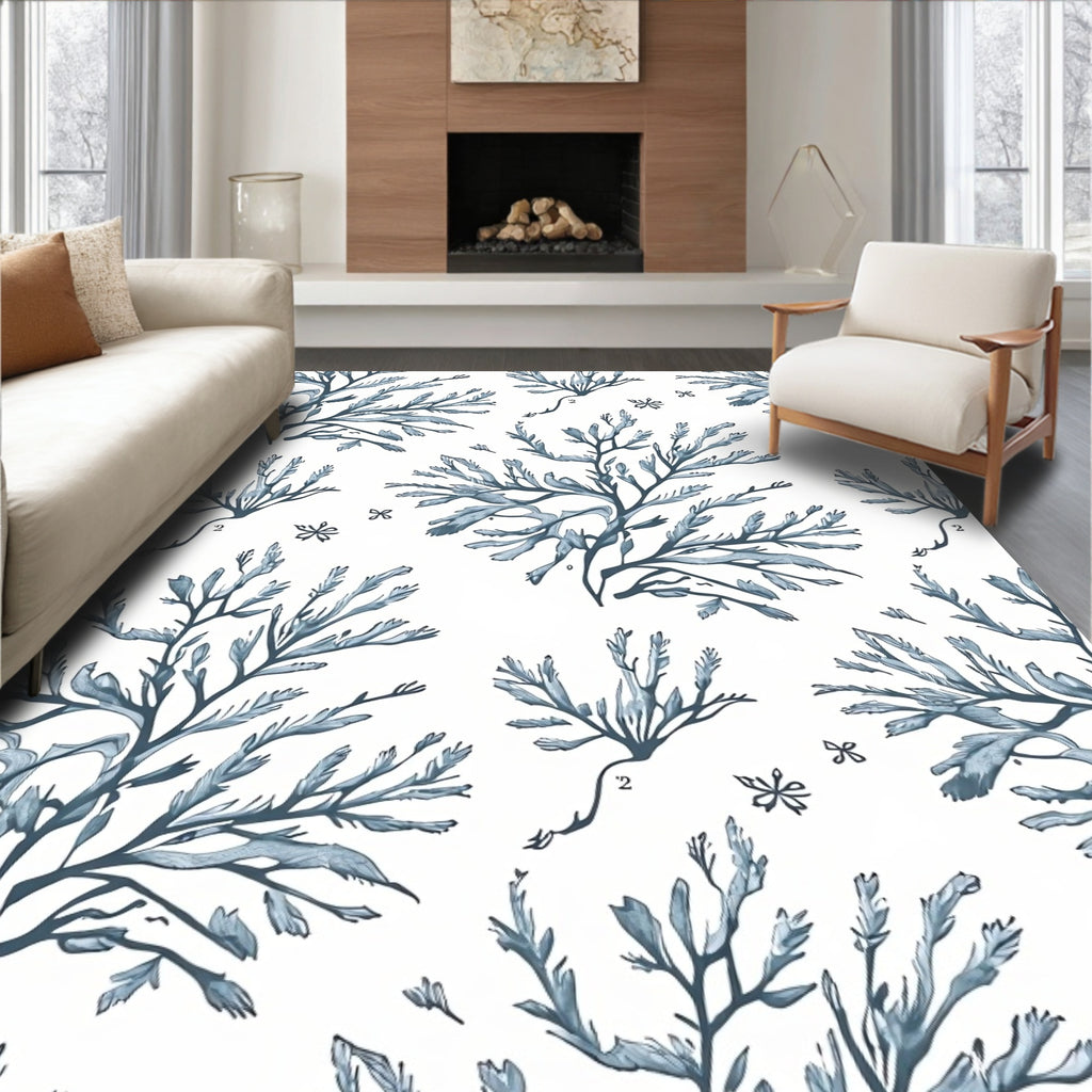 Blue Seaweed Botanical Watercolor Rug