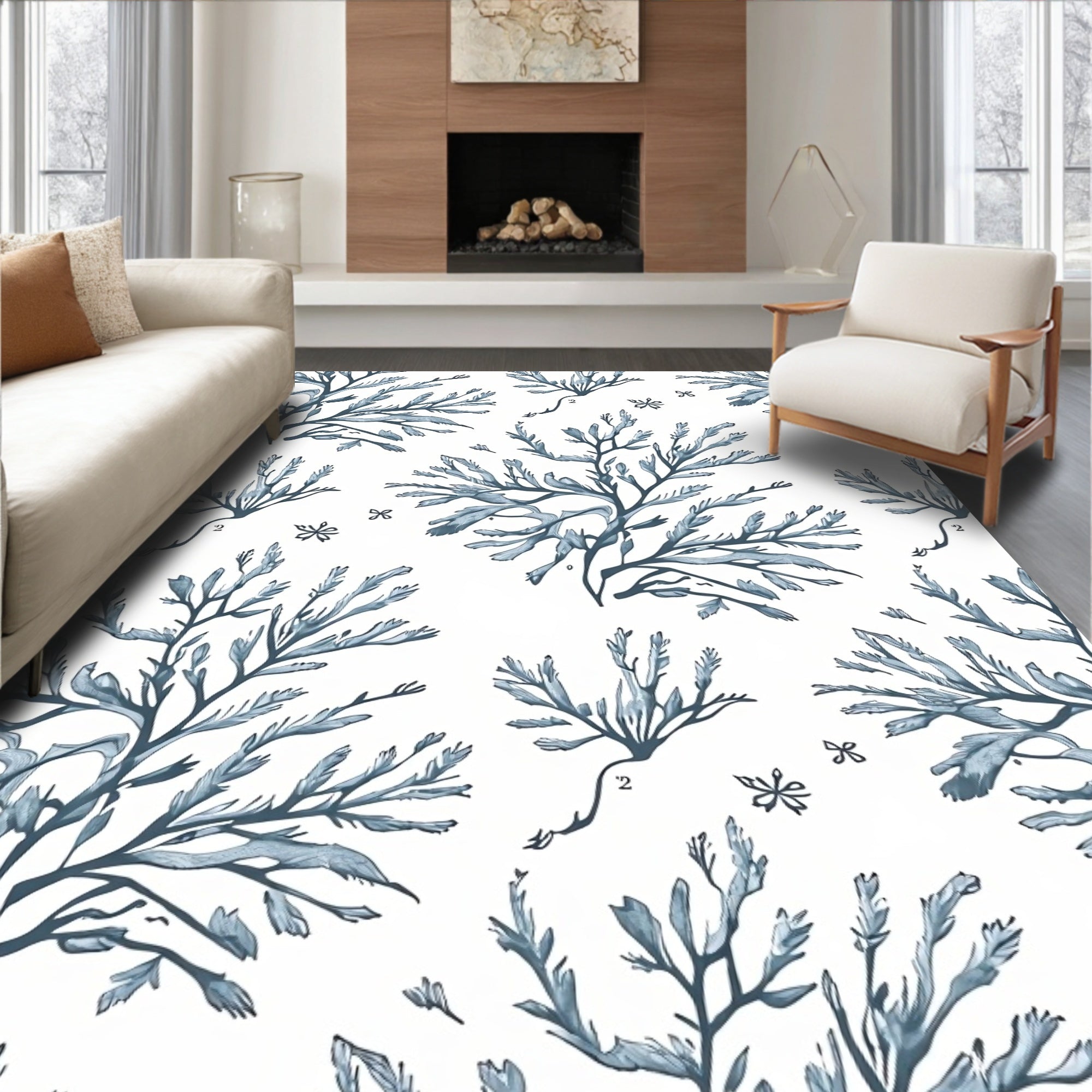 Blue Seaweed Botanical Watercolor Rug