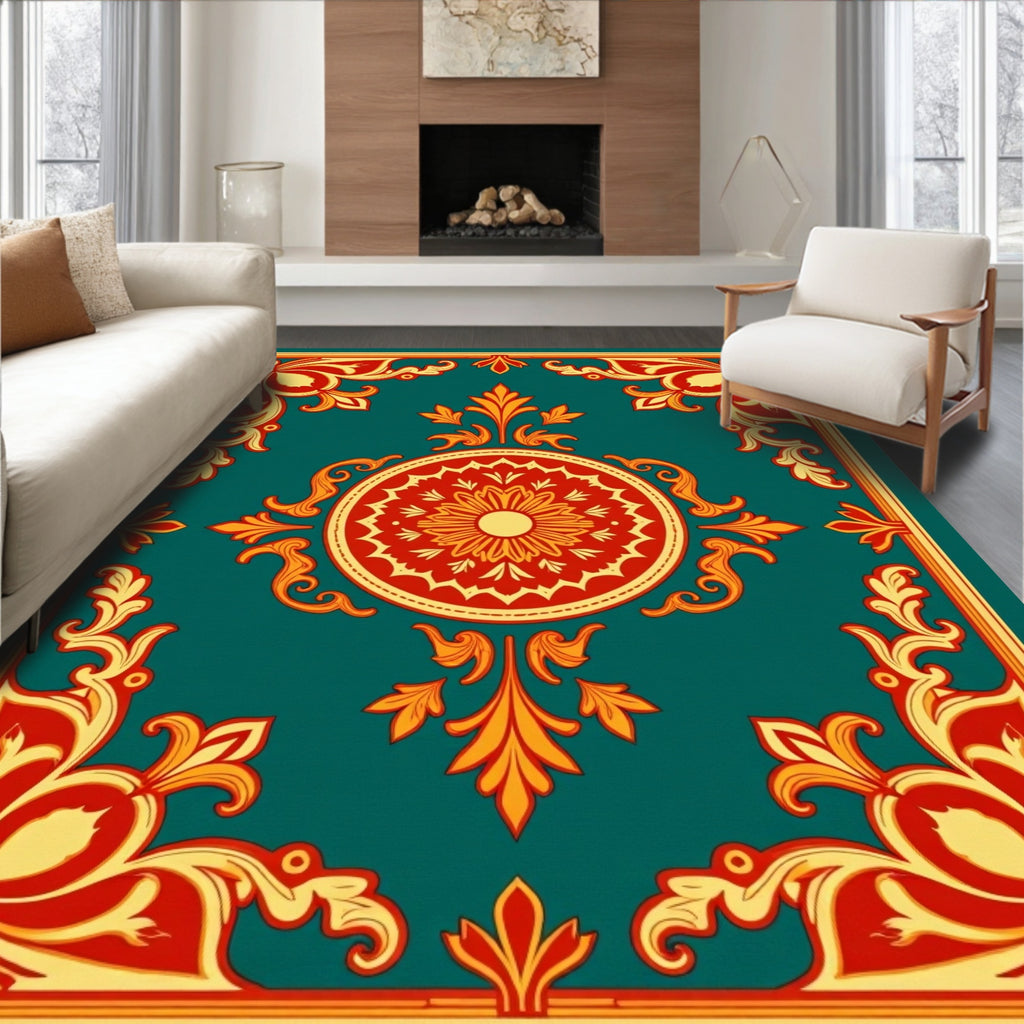 Vintage Teal Red Floral Medallion Rug