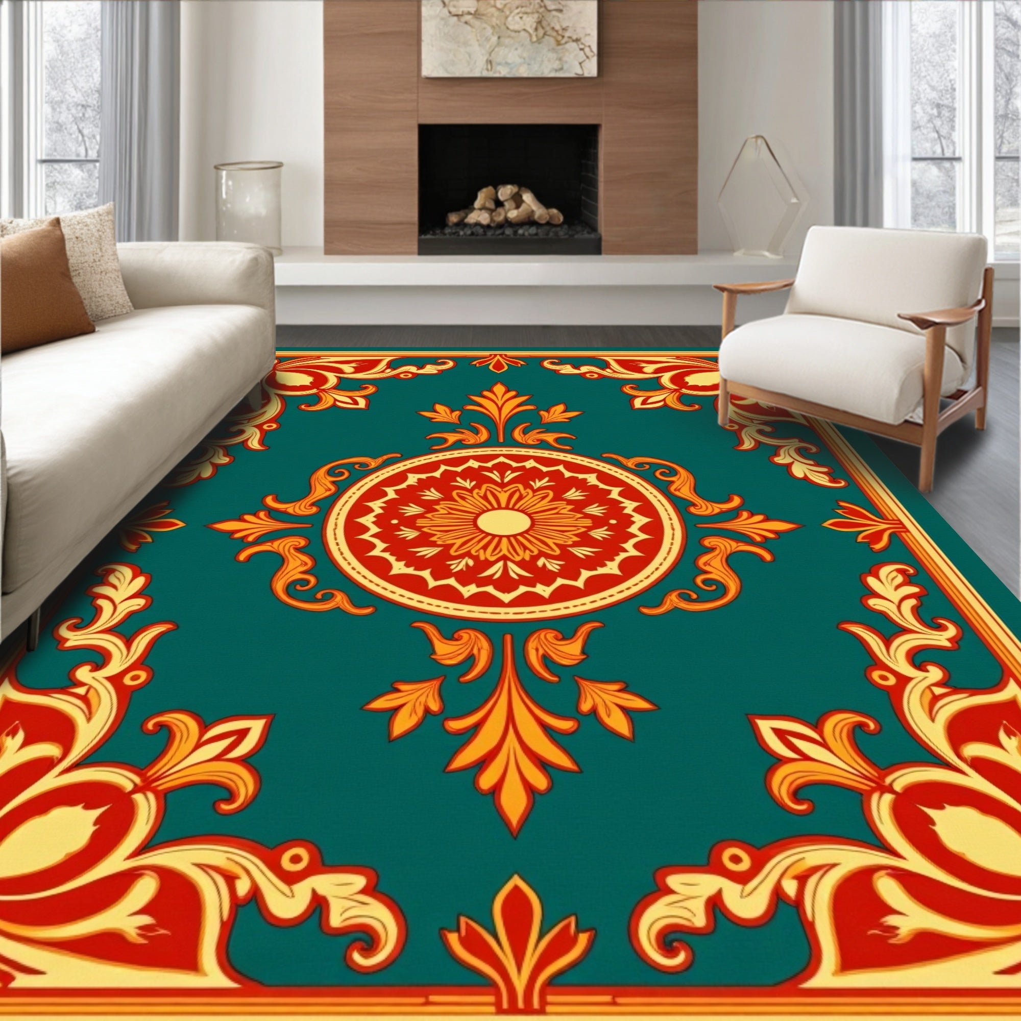 Vintage Teal Red Floral Medallion Rug
