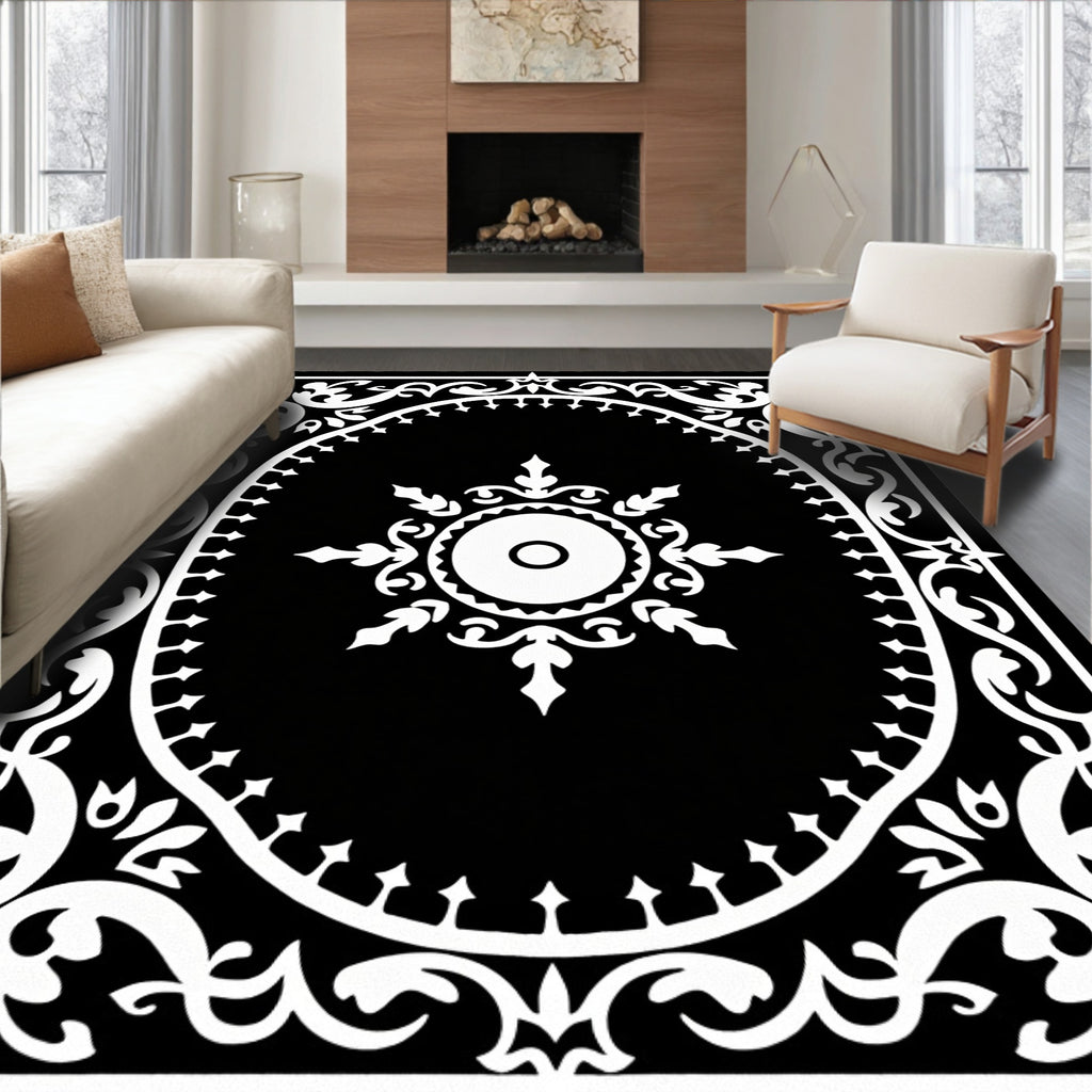 Classic Black White Stylized Sunburst Rug