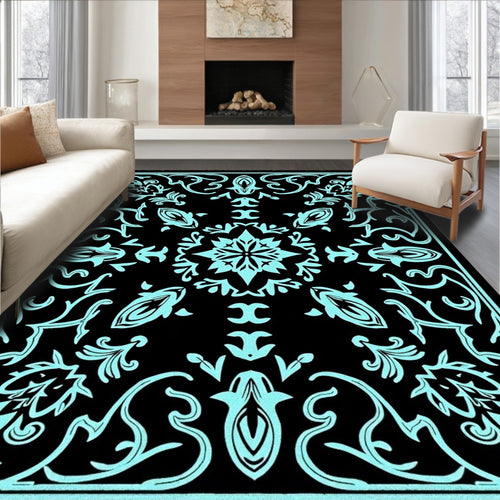 Black Aqua Floral Medallion Mandala Rug