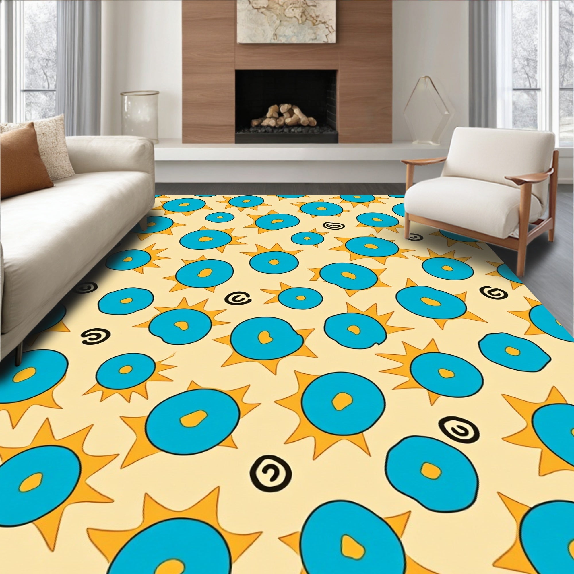 Funky Blue Sunburst Swirls Rug