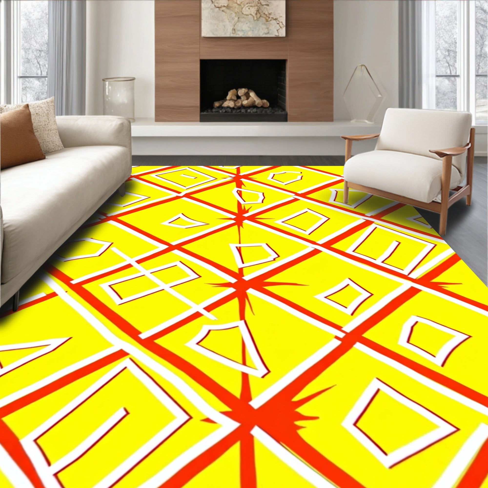 Bright Yellow Red Geometric Diamond Shape Rug