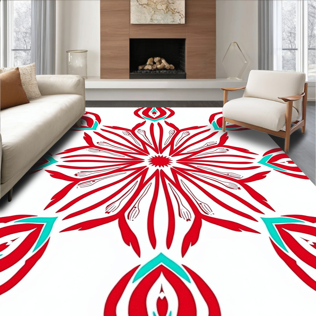 Red Teal Starburst Mandala Rug