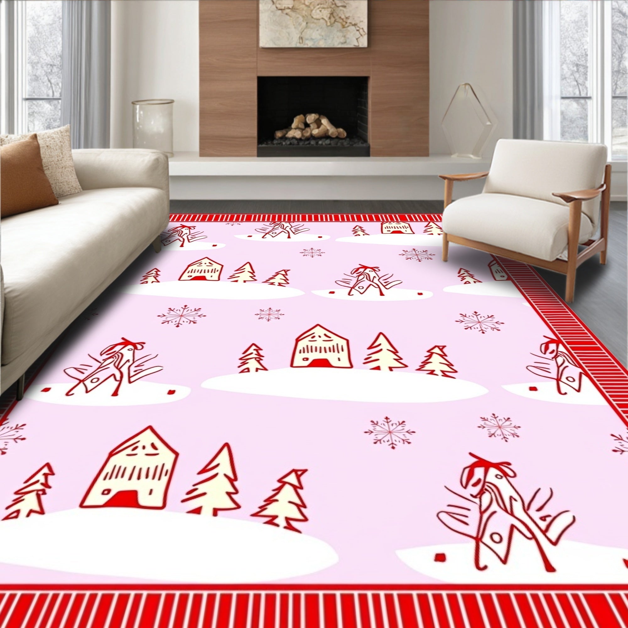 Whimsical Red Village Snowfall Rug