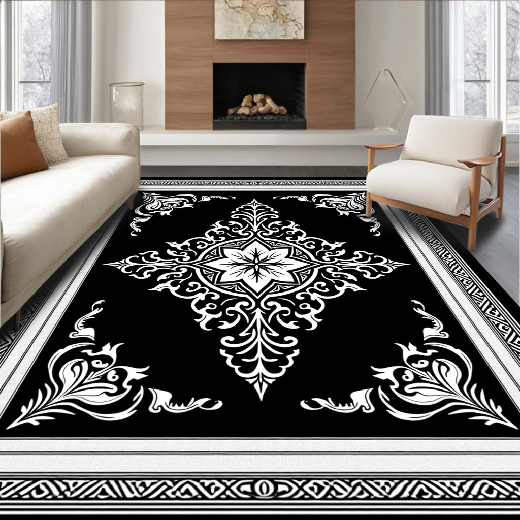 Striking Black White Damask Medallion Rug