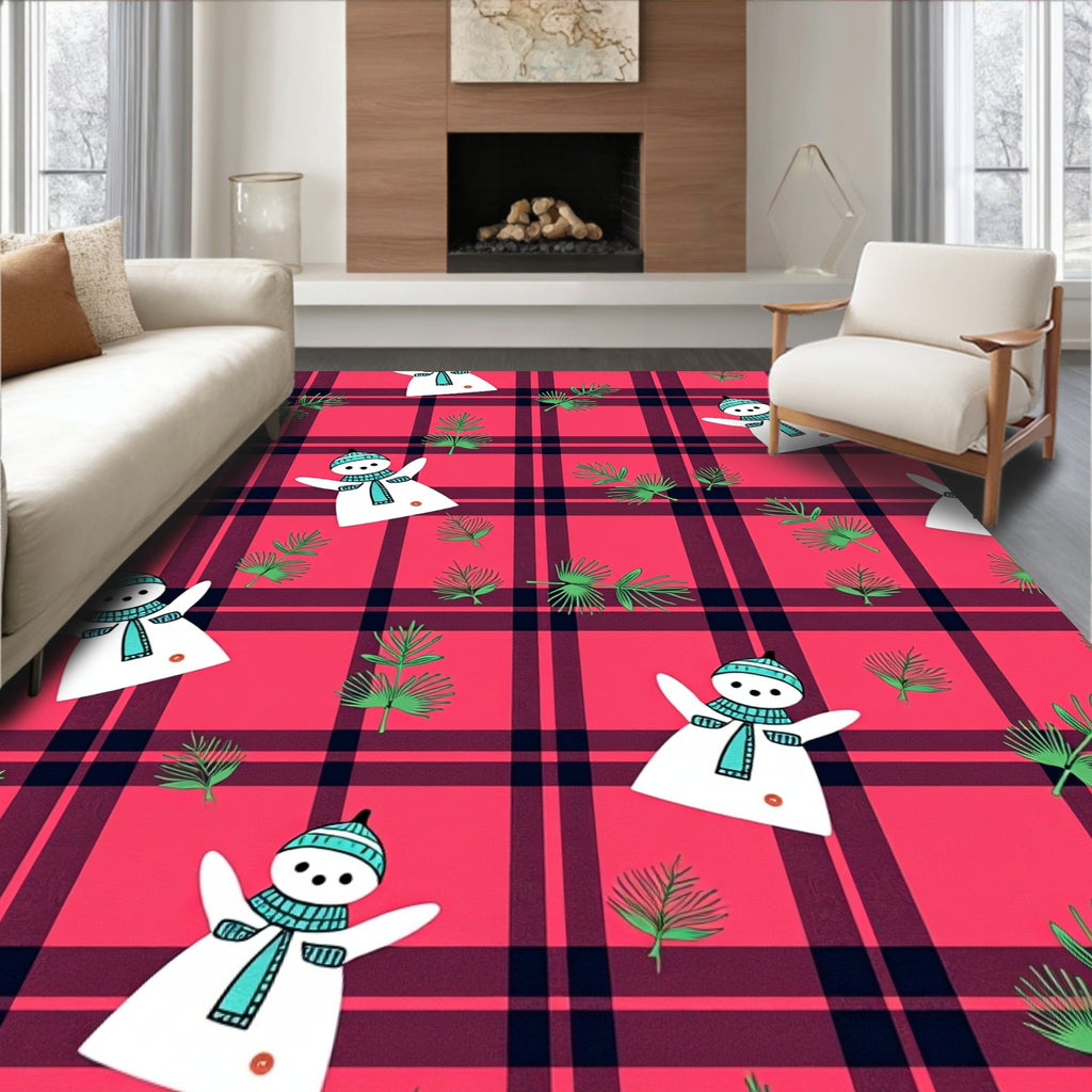 Cheerful Snowman Red Plaid Evergreen Accent Rug