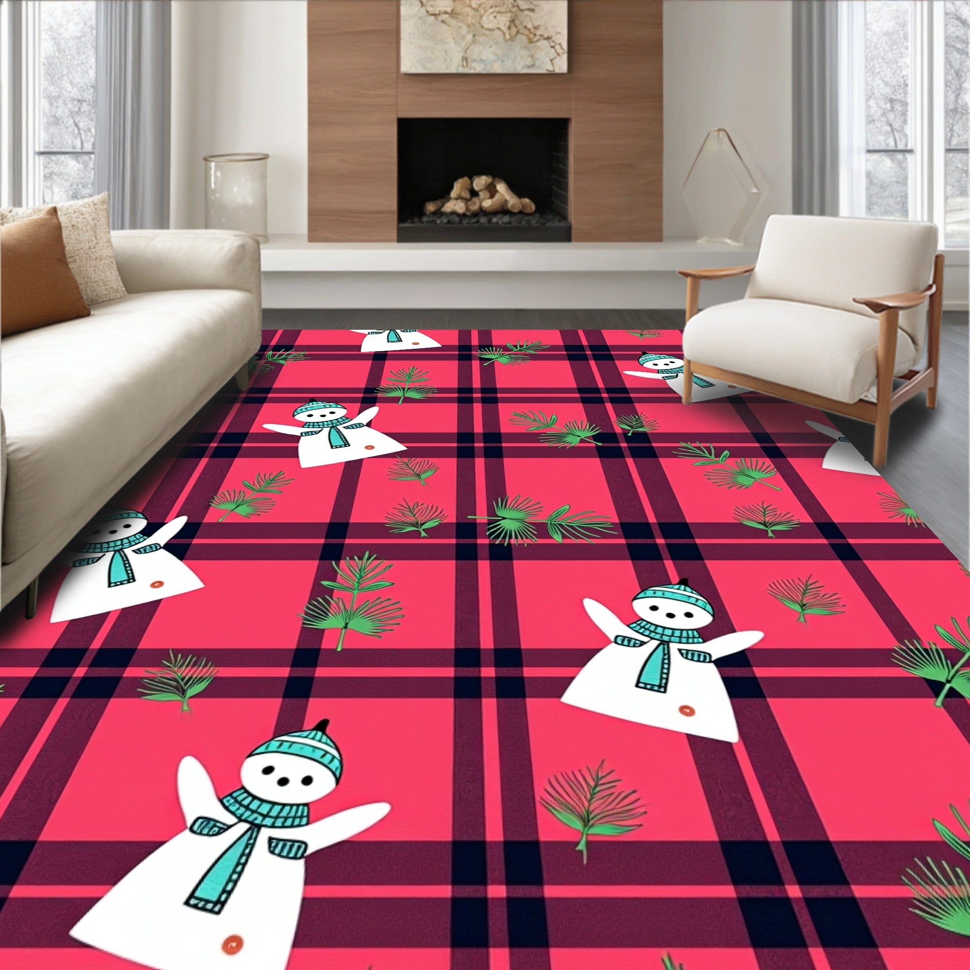 Cheerful Snowman Red Plaid Evergreen Accent Rug