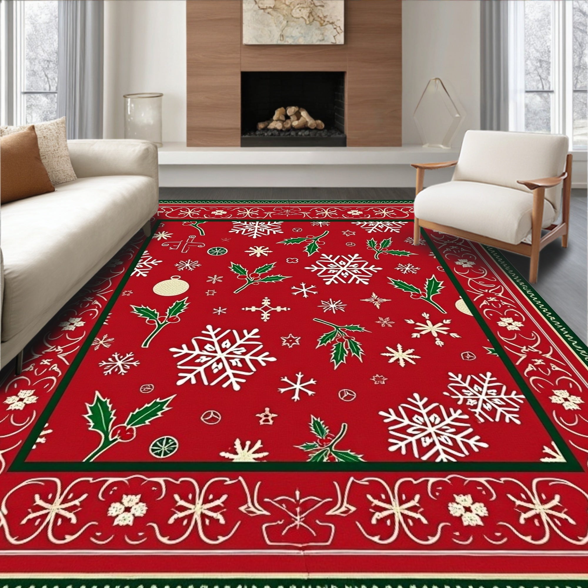 Festive Red Snowflake Holly Christmas Rug