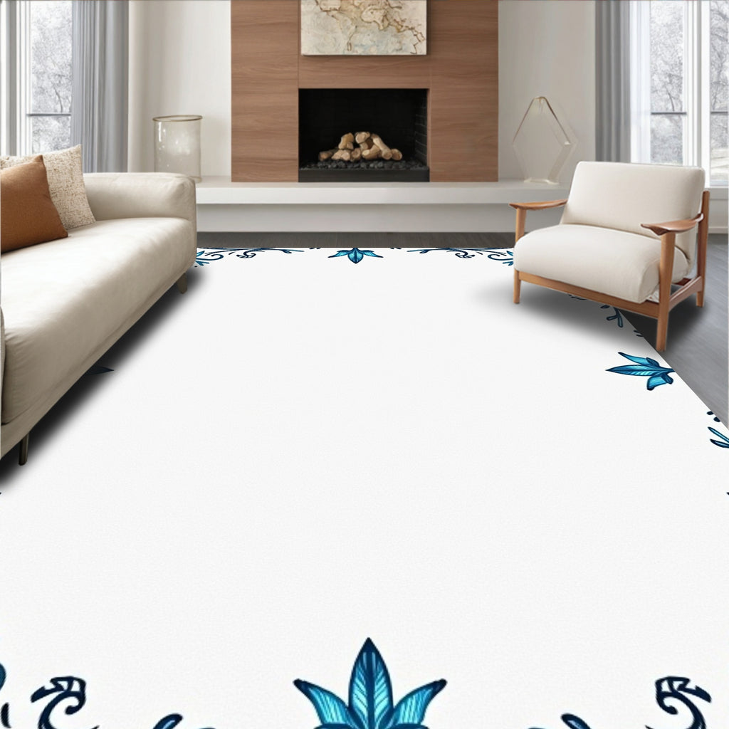 Ornate Deep Blue Floral Border Rug