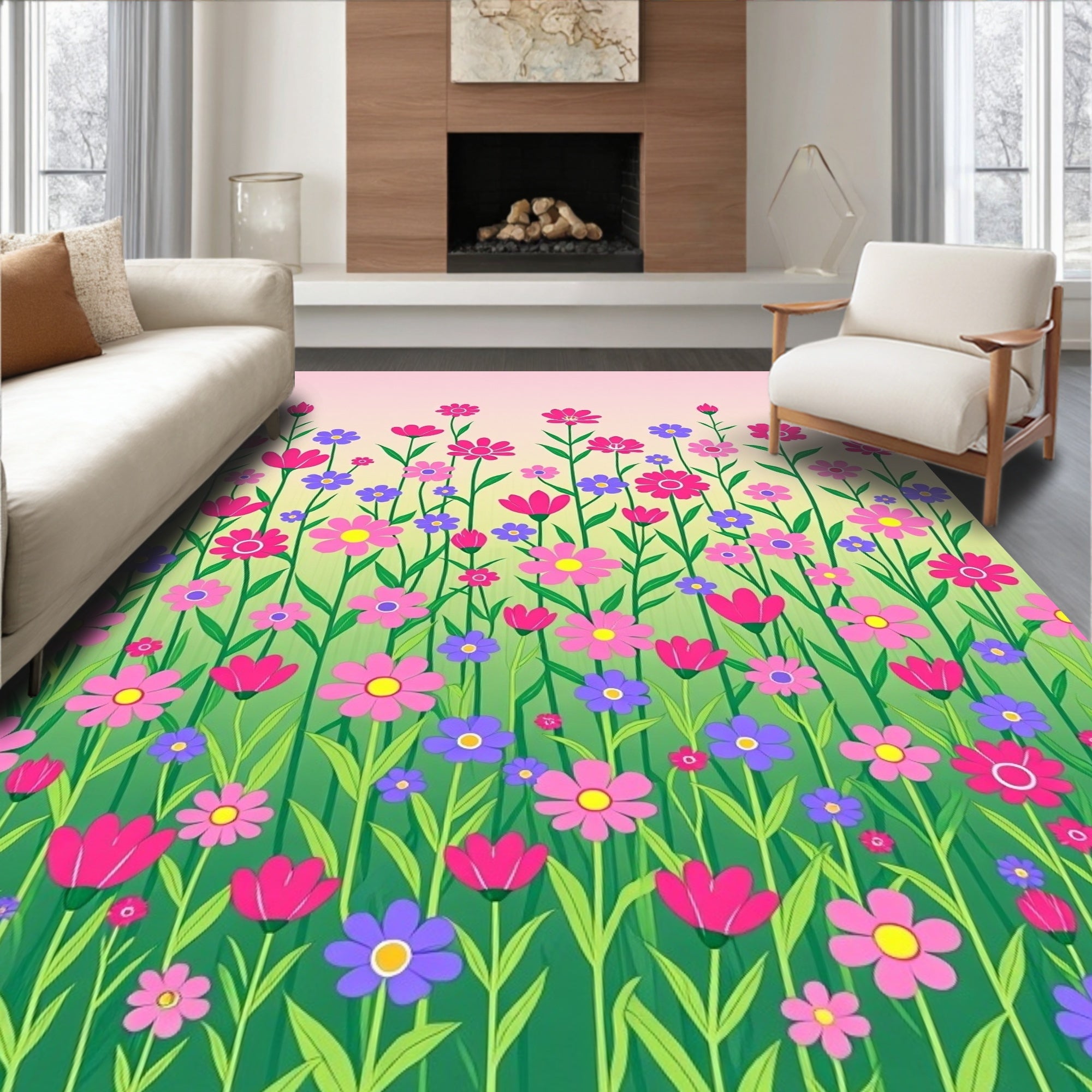 Pink Purple Floral Garden Meadow Rug