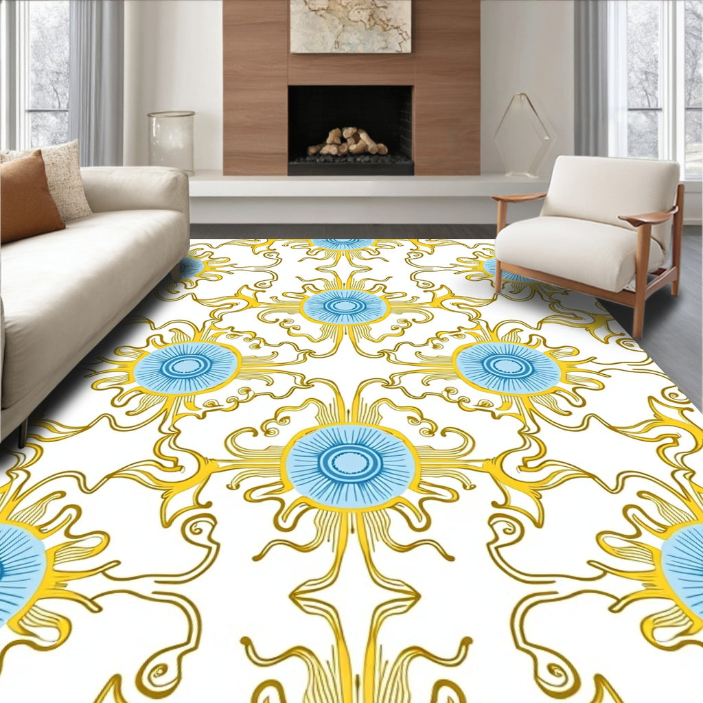 Golden Blue Sunburst Medallion Art Nouveau Rug
