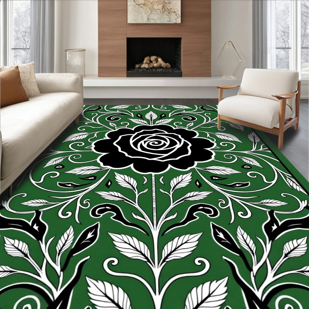 Black Rose Green Floral Scroll Rug