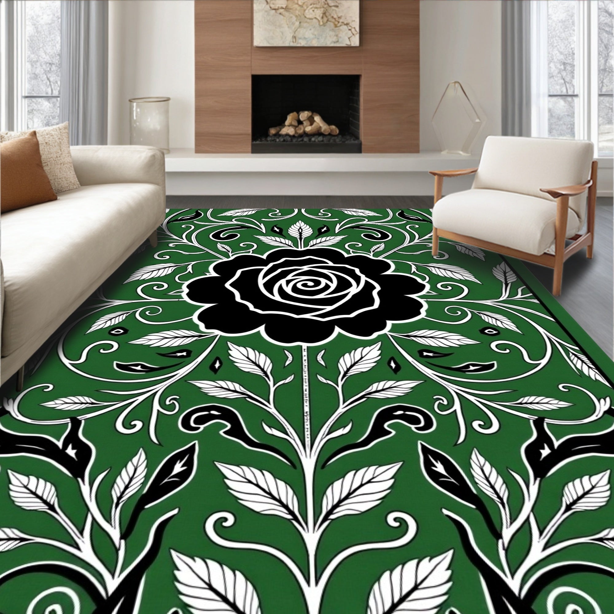 Black Rose Green Floral Scroll Rug